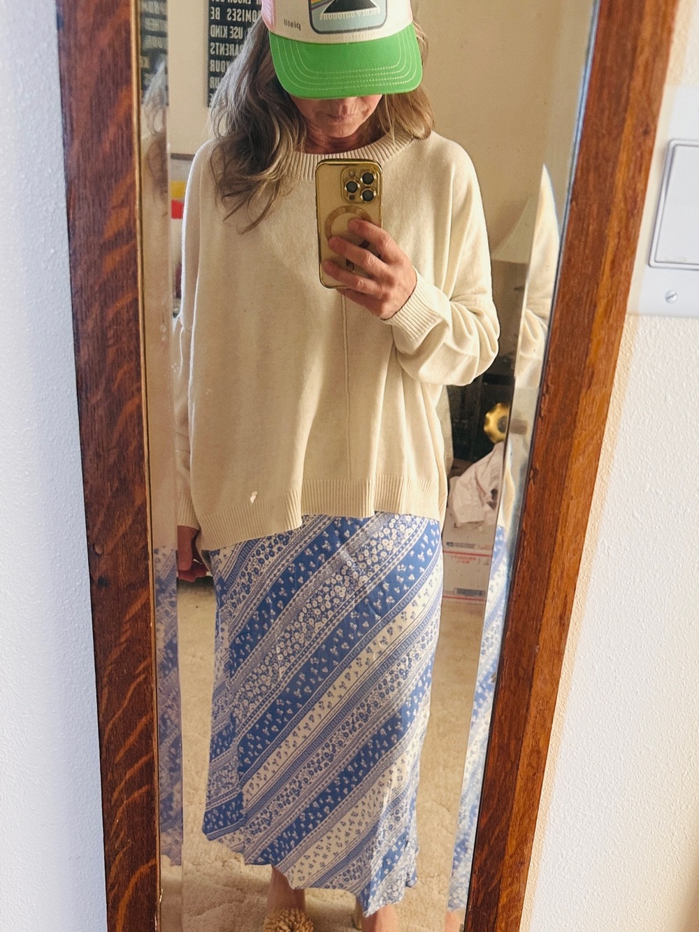 Lost + Wander Cream Sweater with Blue Patterned Midi Skirt NWT Small
